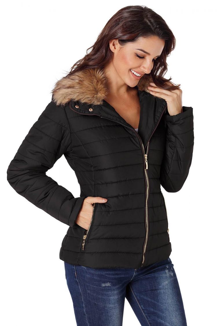 Nyako Women's Faux Fur Collar Trim Black Quilted Jacket