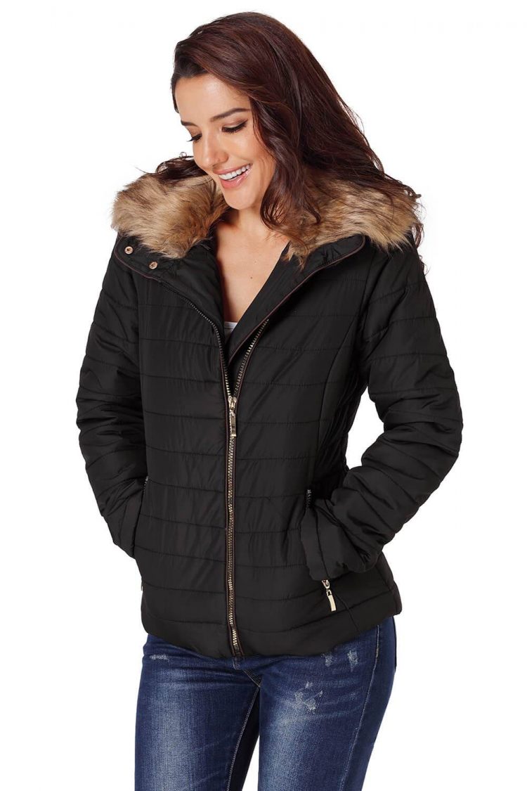 Nyako Women's Faux Fur Collar Trim Black Quilted Jacket