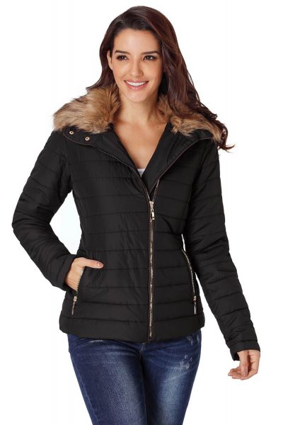 Nyako Women's Faux Fur Collar Trim Black Quilted Jacket