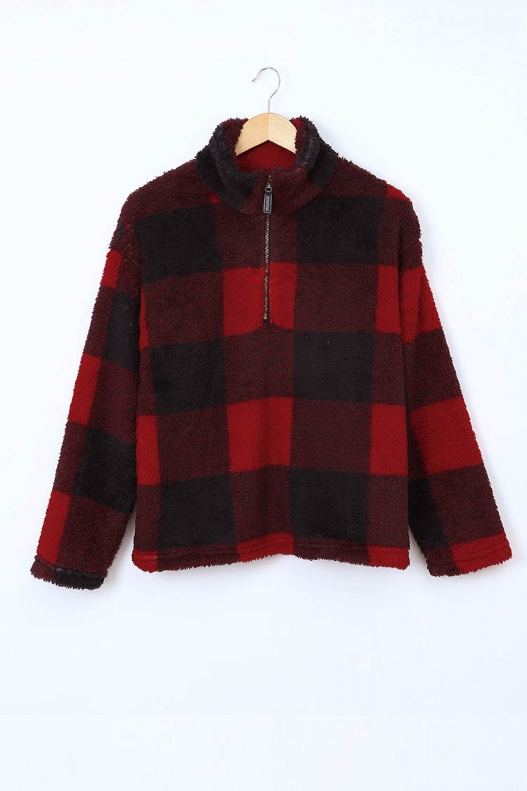 Ophira Women's Red Plaid Zip Collar Plush Pullover Sweatshirt