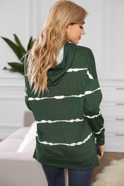 Pelagia Women Drawstring Hoodie with Side Split Green Tie-dye Striped