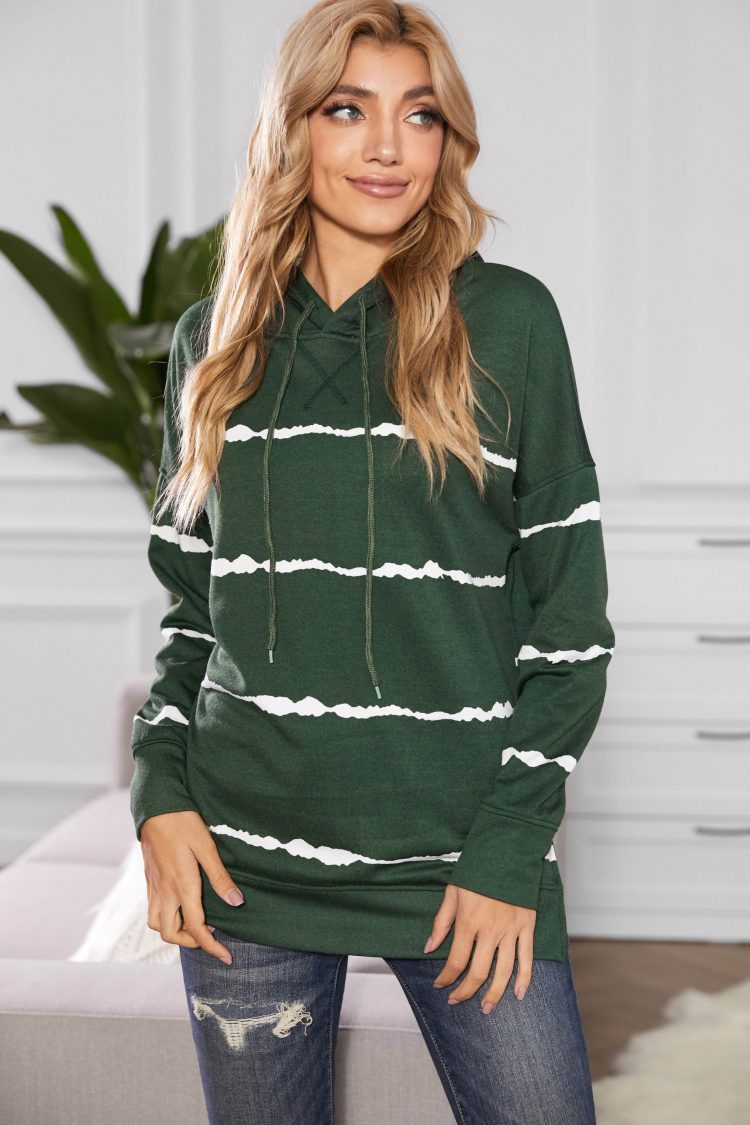 Pelagia Women Drawstring Hoodie with Side Split Green Tie-dye Striped