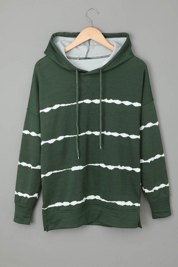 Pelagia Women Drawstring Hoodie with Side Split Green Tie-dye Striped