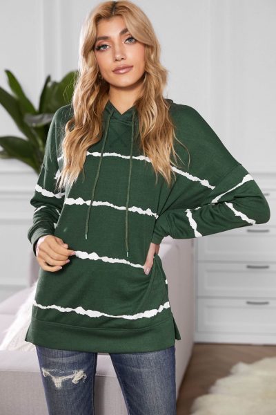 Pelagia Women Drawstring Hoodie with Side Split Green Tie-dye Striped