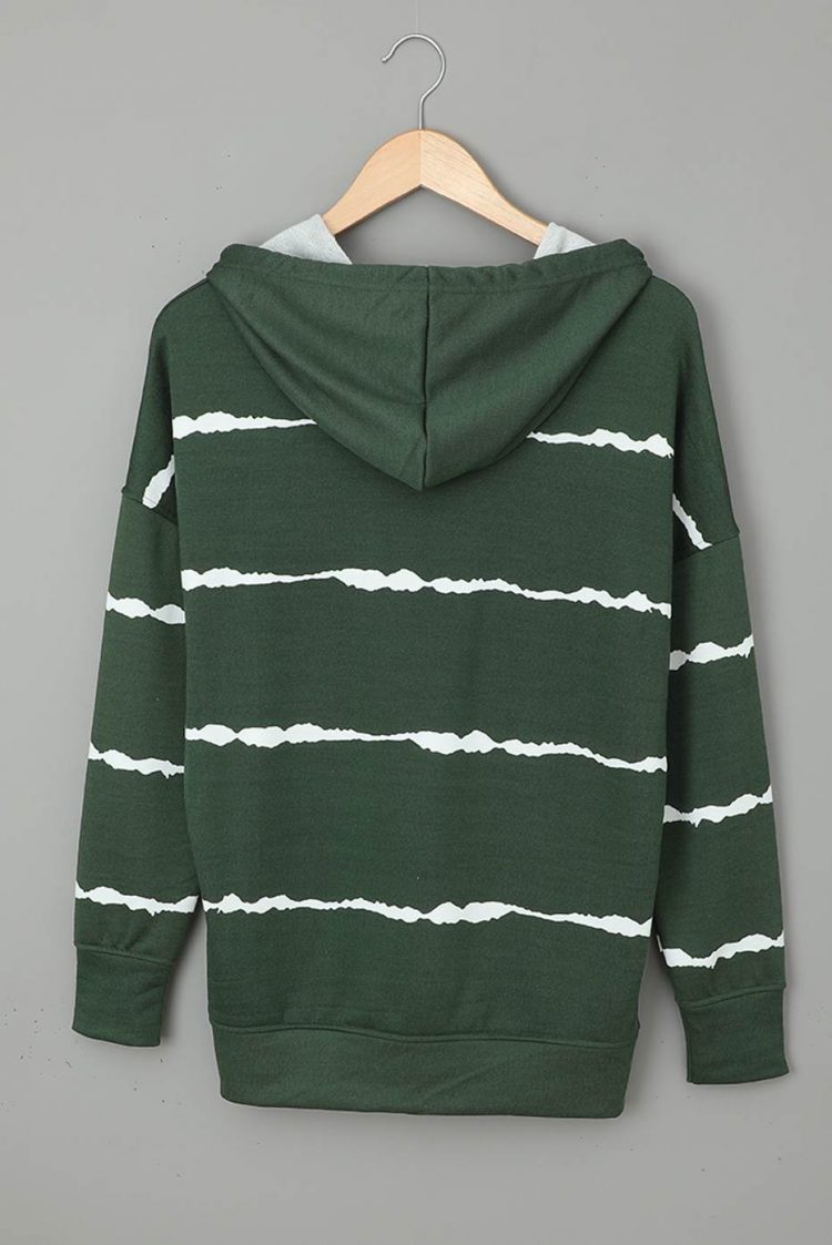 Pelagia Women Drawstring Hoodie with Side Split Green Tie-dye Striped