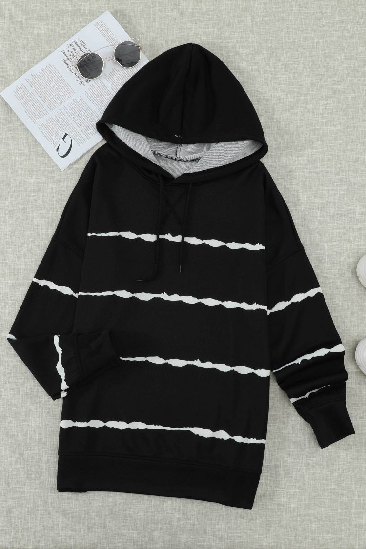 Peren Womens Tie-dye Striped Drawstring Hoodie with Side Split Black