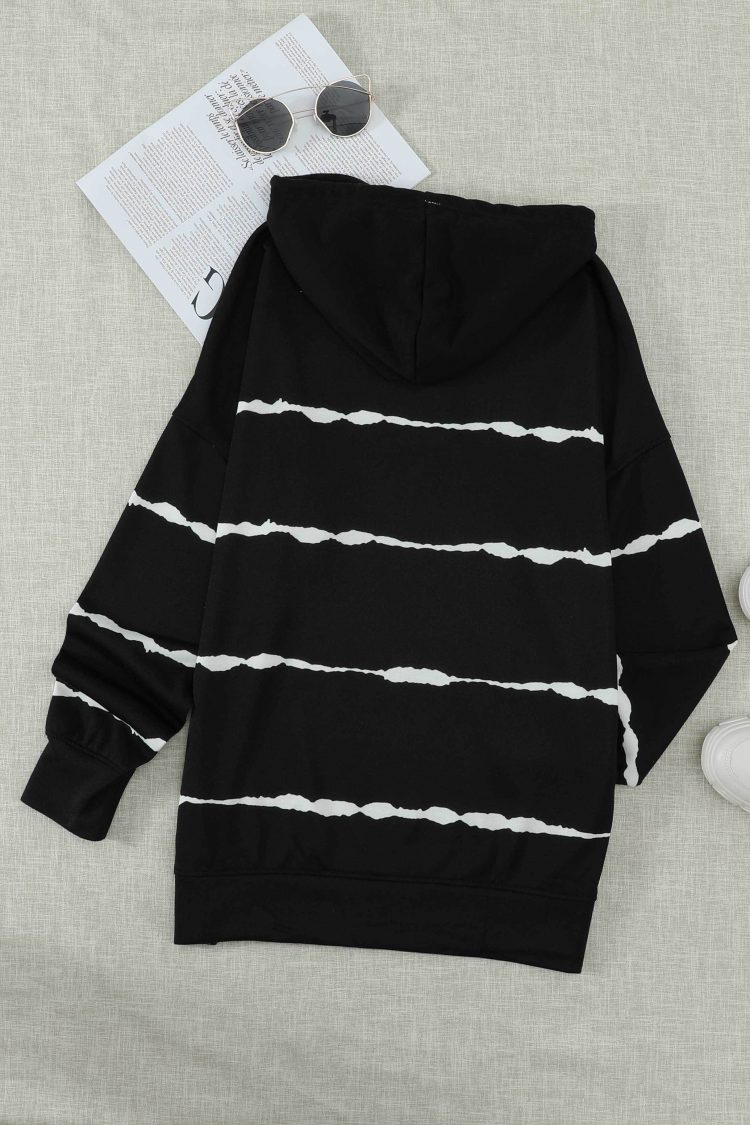 Peren Womens Tie-dye Striped Drawstring Hoodie with Side Split Black