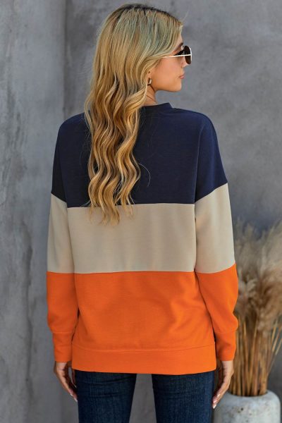 Psyche Womens Contrast Stitching Sweatshirt with Slits Colorblock Orange