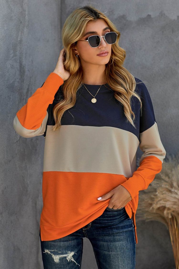 Psyche Womens Contrast Stitching Sweatshirt with Slits Colorblock Orange