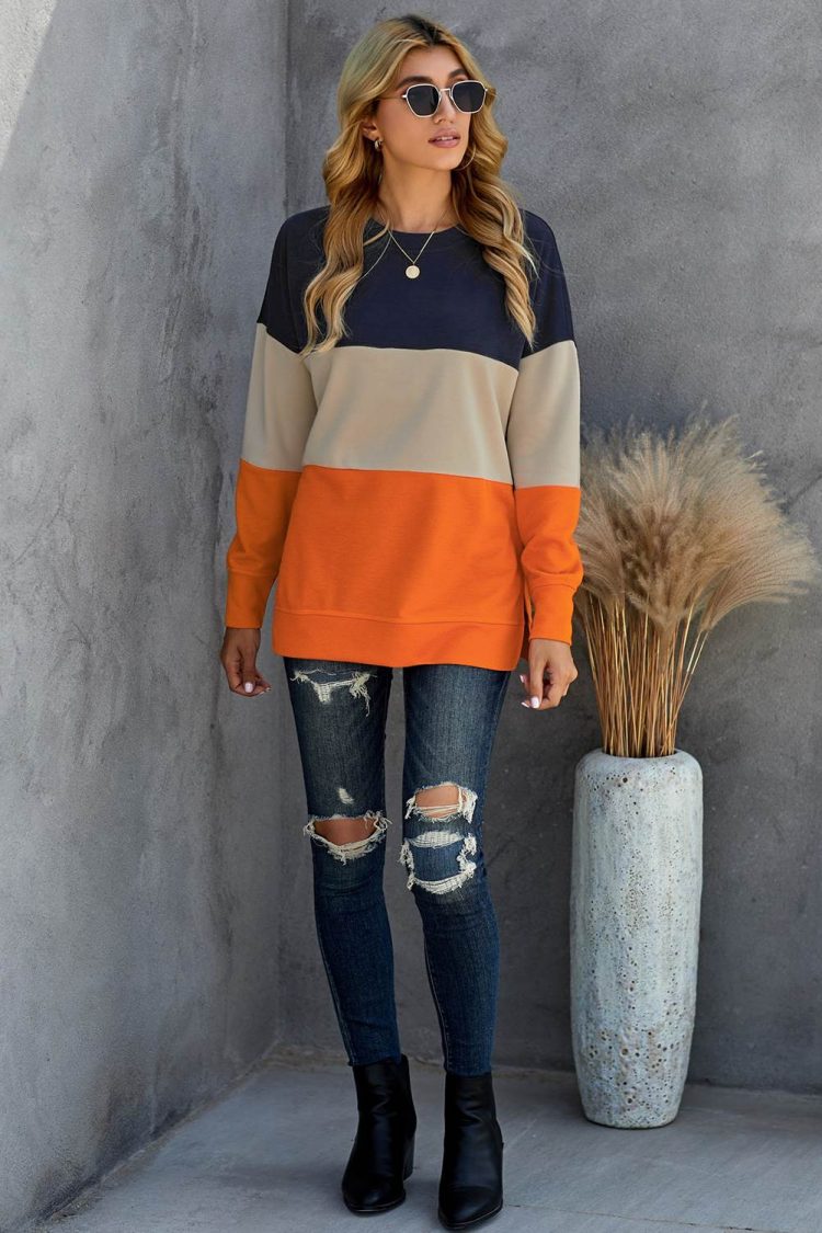 Psyche Womens Contrast Stitching Sweatshirt with Slits Colorblock Orange