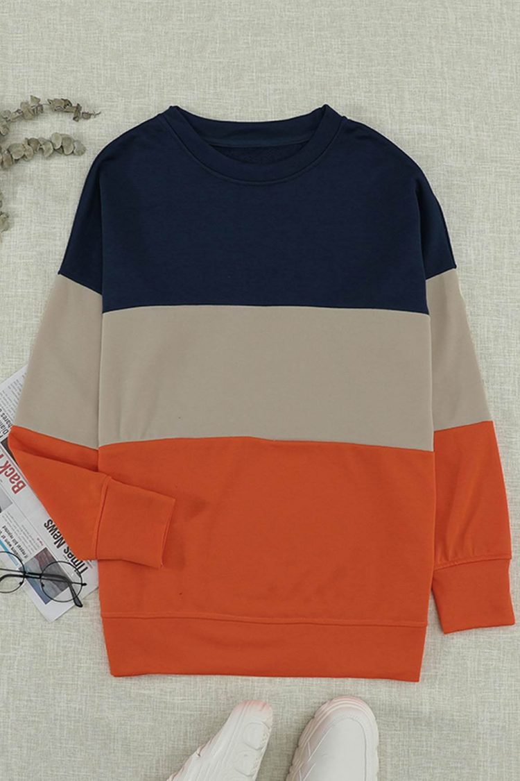 Psyche Womens Contrast Stitching Sweatshirt with Slits Colorblock Orange