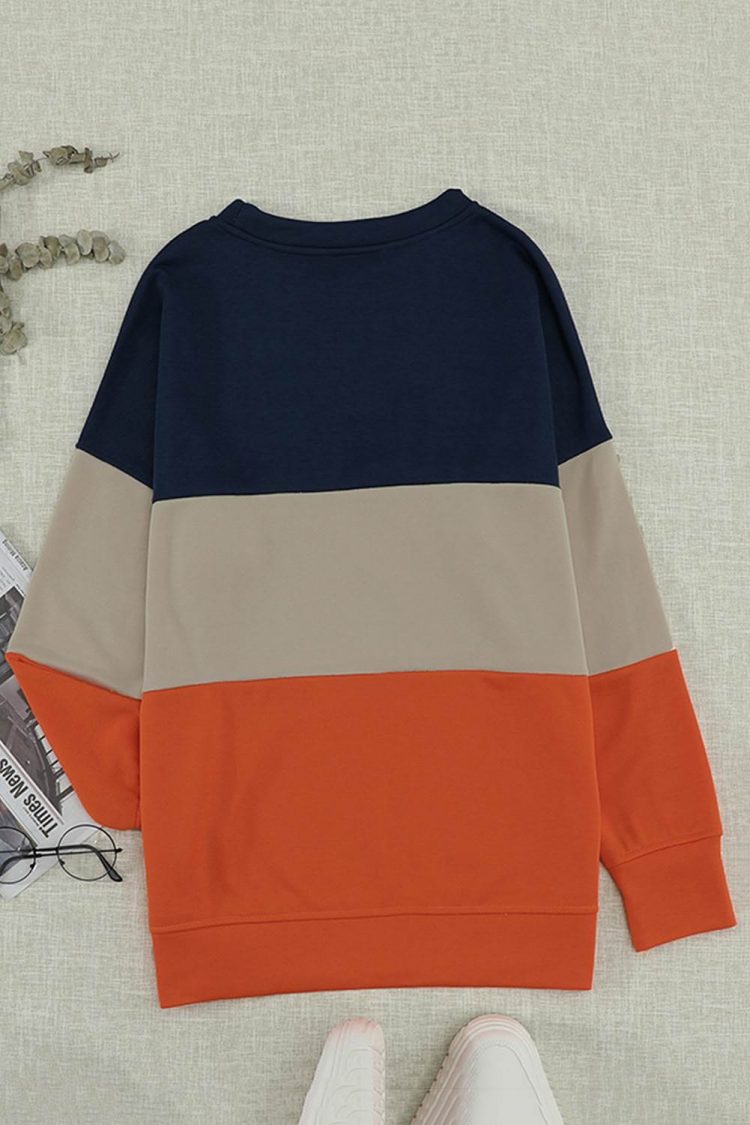 Psyche Womens Contrast Stitching Sweatshirt with Slits Colorblock Orange