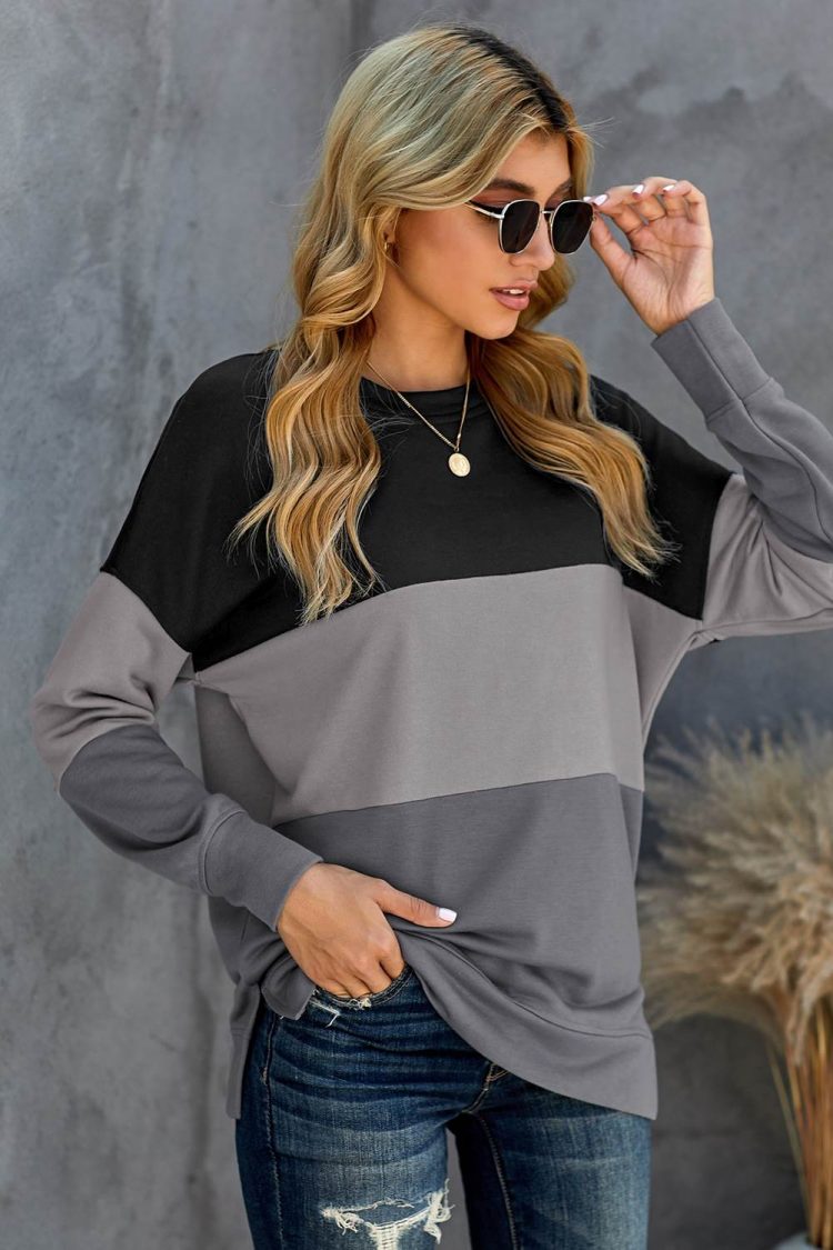 Qamar Women's Colorblock Black Contrast Stitching Sweatshirt with Slits