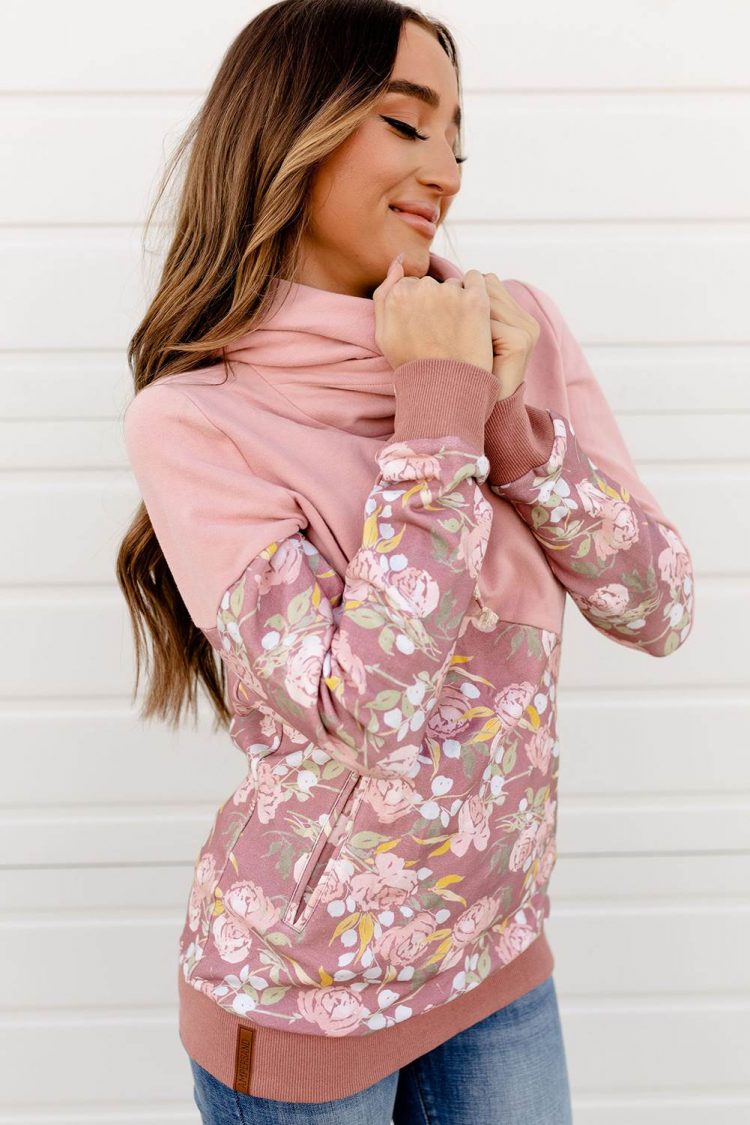 Rhoda Women Floral Splicing Cowl Neck Hoodie Pink