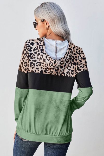 Sara Womens Tie Dye Green Colorblock Leopard Hoodie