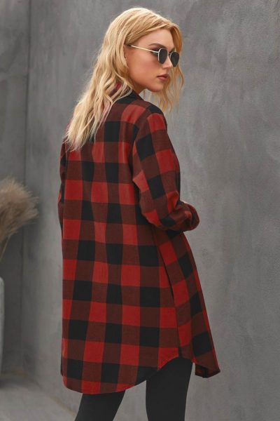 Lillian Women Turn-down Collar Plaid Shirt Coat Red