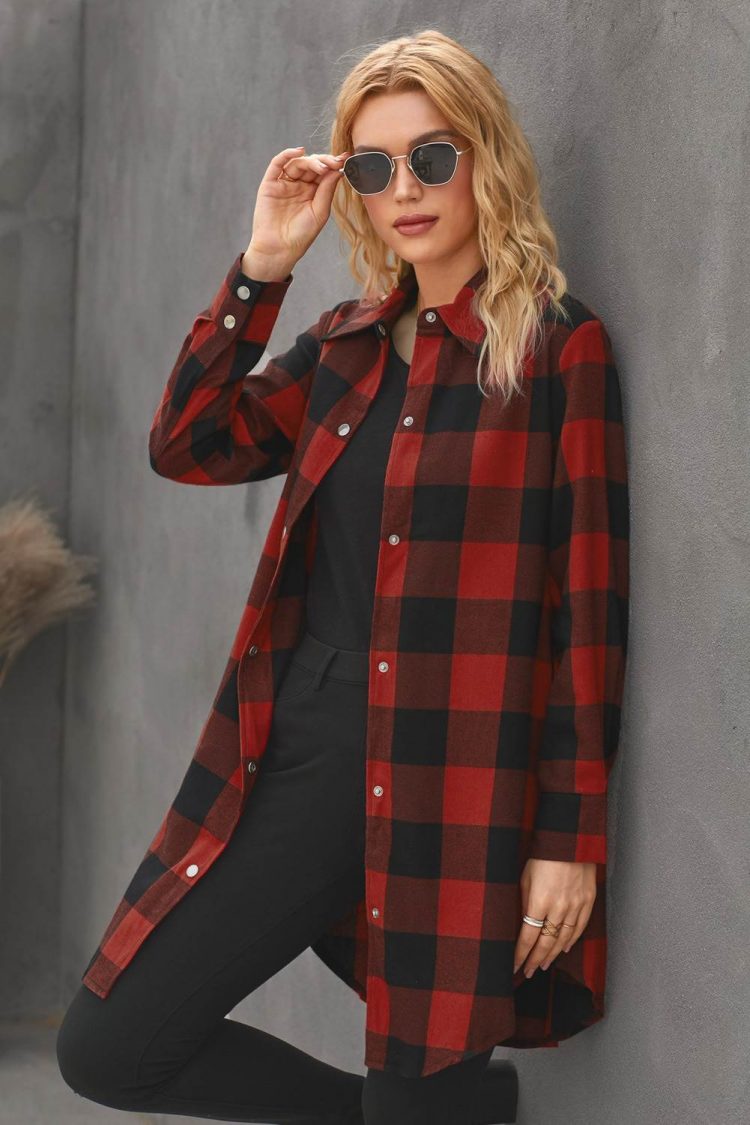 Lillian Women Turn-down Collar Plaid Shirt Coat Red