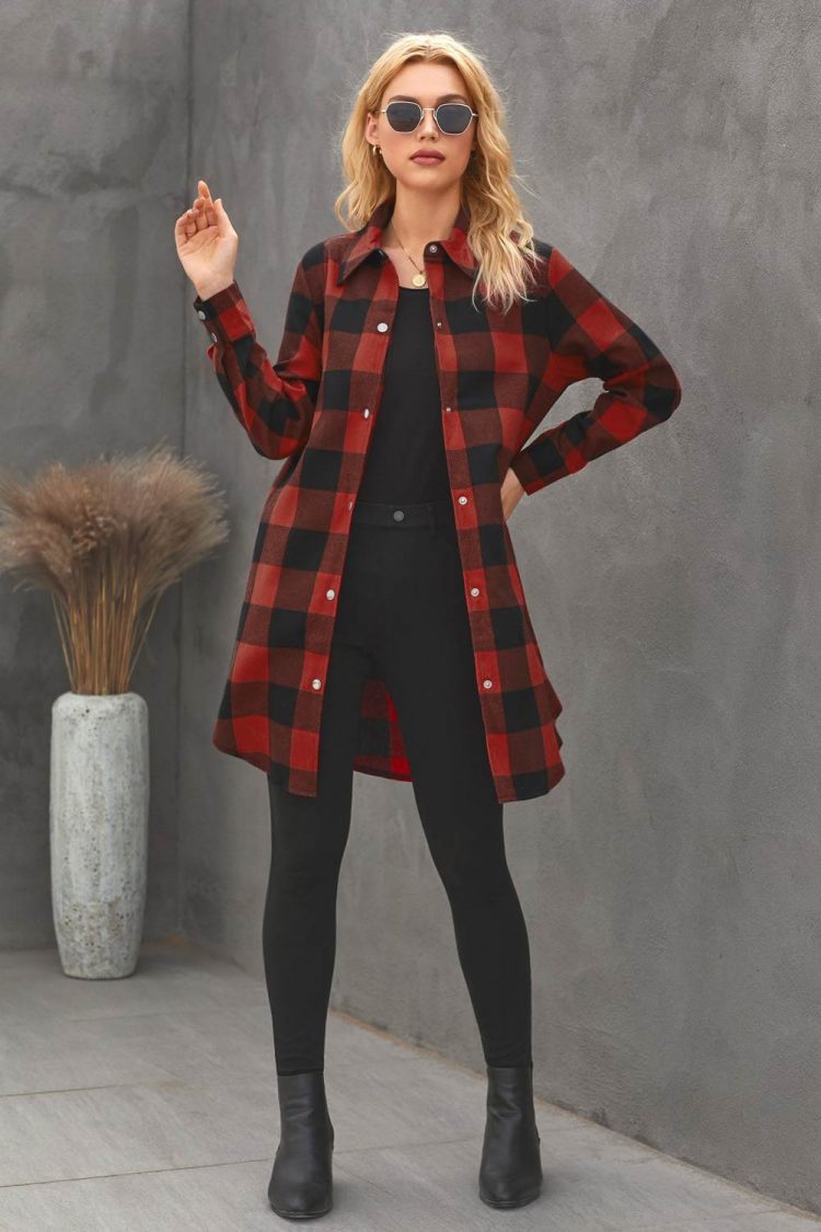 Lillian Women Turn-down Collar Plaid Shirt Coat Red