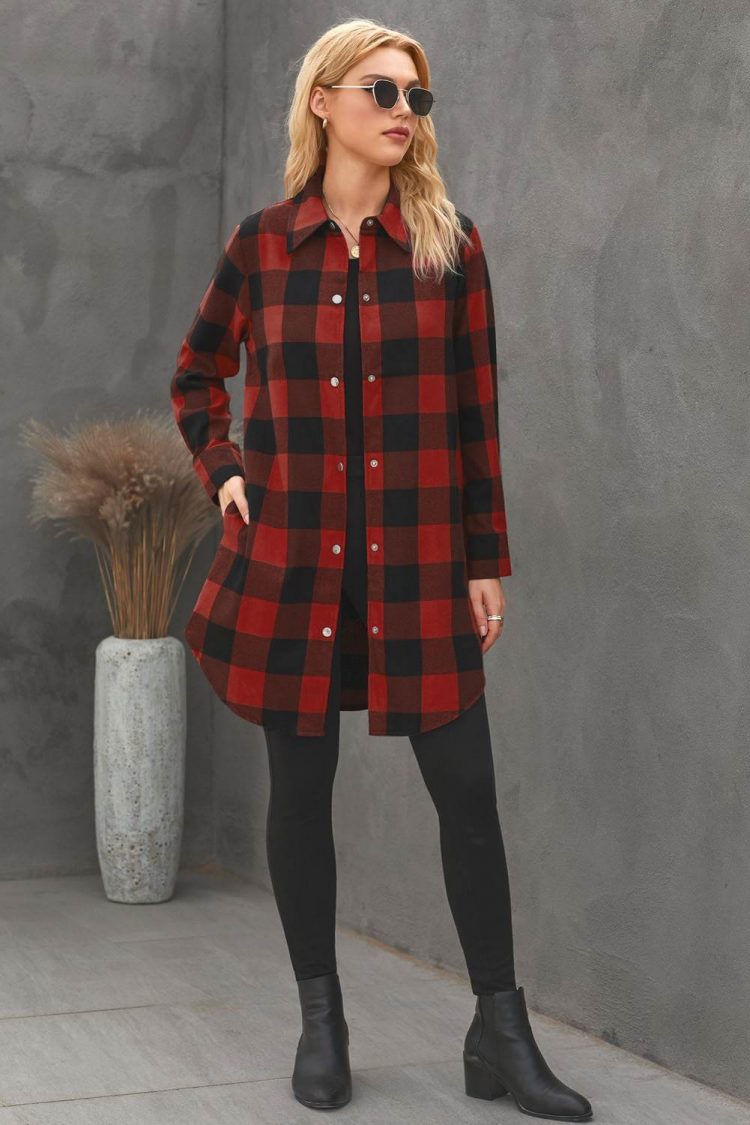 Lillian Women Turn-down Collar Plaid Shirt Coat Red