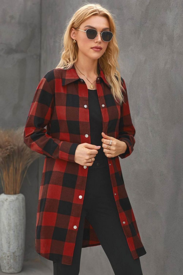 Lillian Women Turn-down Collar Plaid Shirt Coat Red