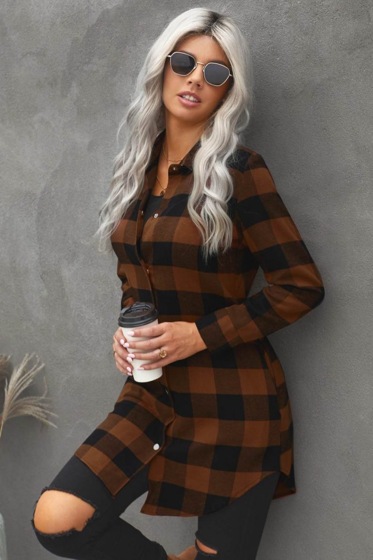 Lillian Women's Brown Turn-down Collar Plaid Shirt Coat