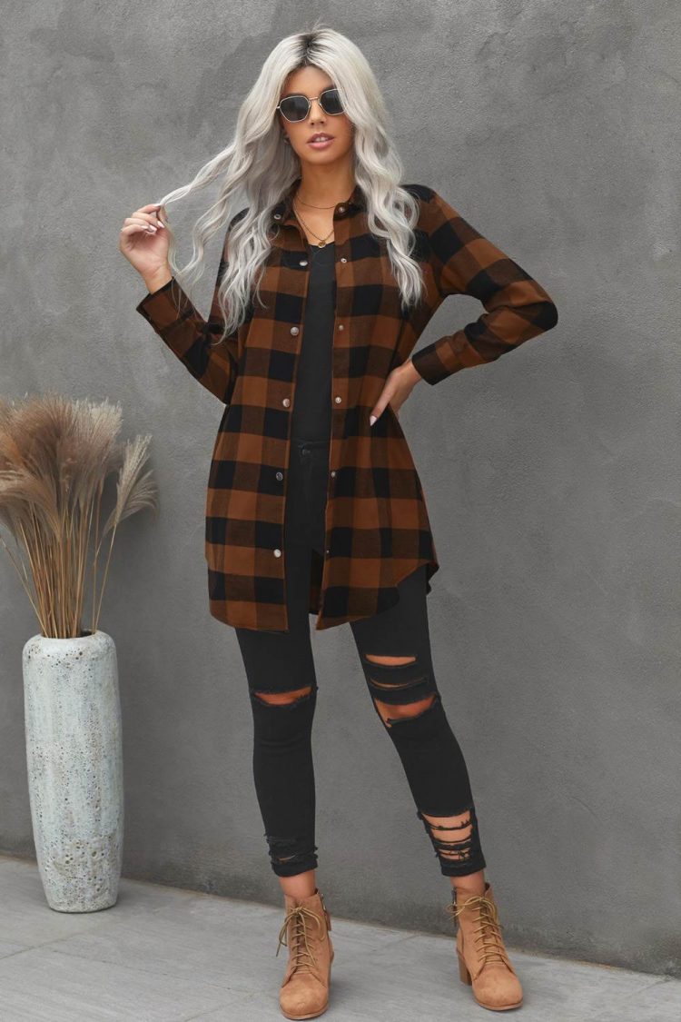 Lillian Women's Brown Turn-down Collar Plaid Shirt Coat