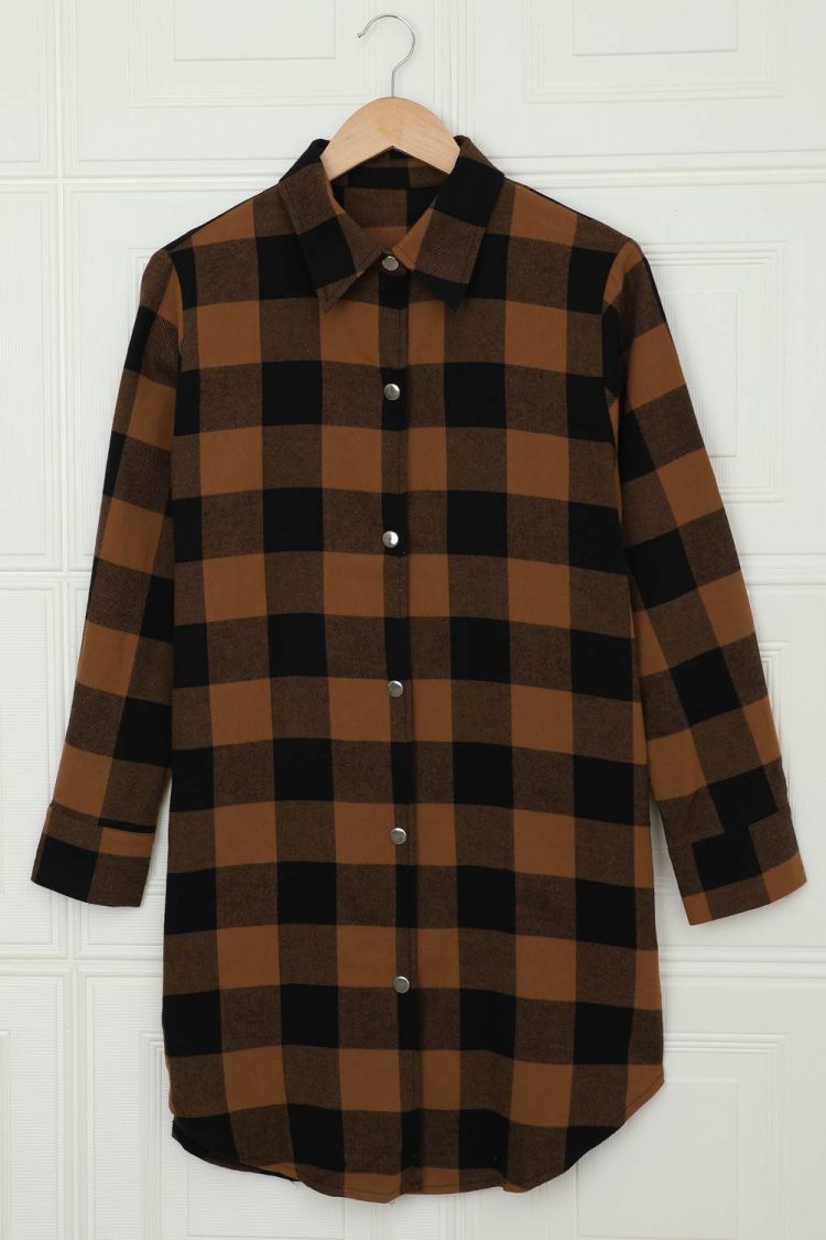 Lillian Women's Brown Turn-down Collar Plaid Shirt Coat