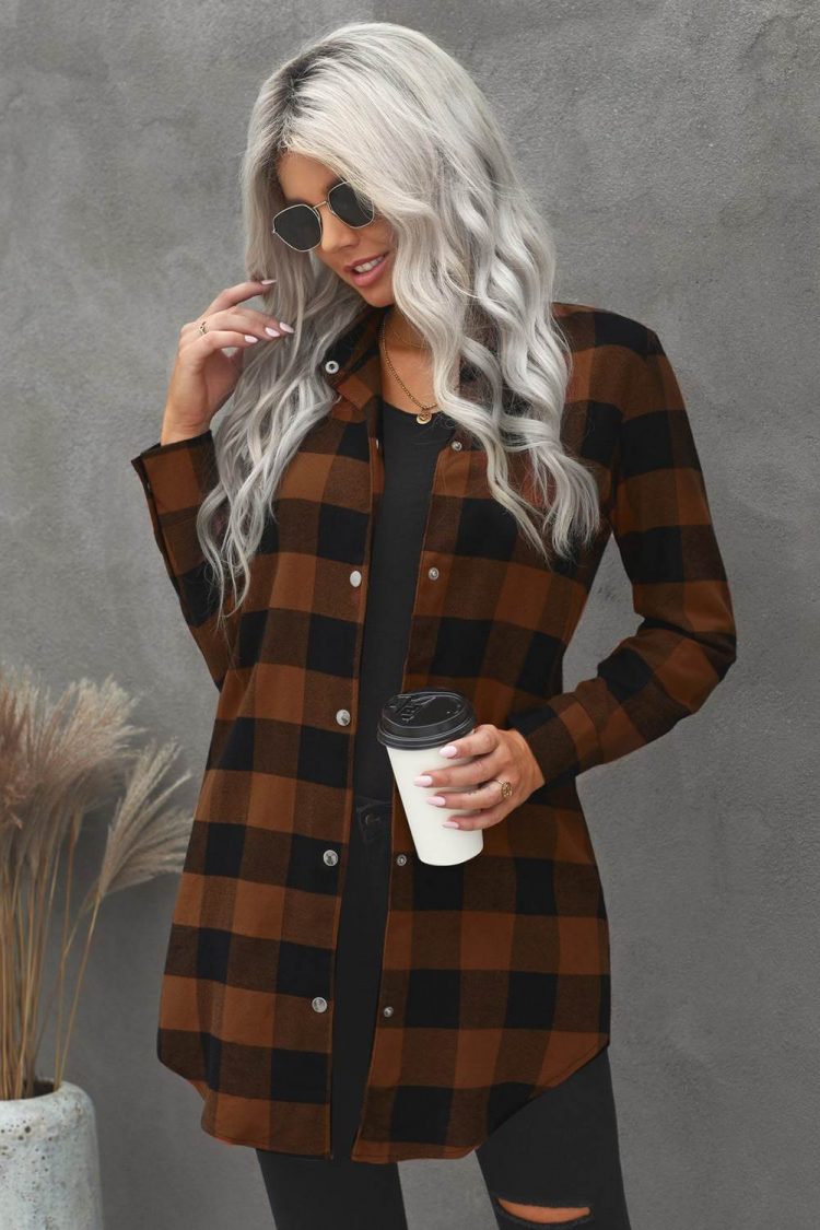 Lillian Women's Brown Turn-down Collar Plaid Shirt Coat