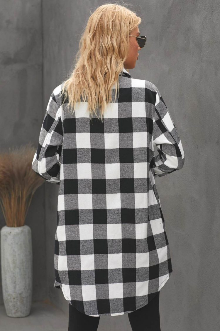 Lillian Womens Turn-down Black Collar Plaid Shirt Coat