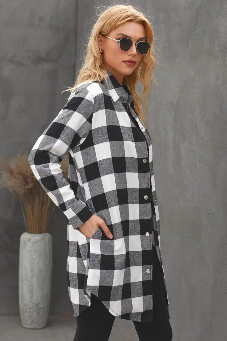 Lillian Womens Turn-down Black Collar Plaid Shirt Coat