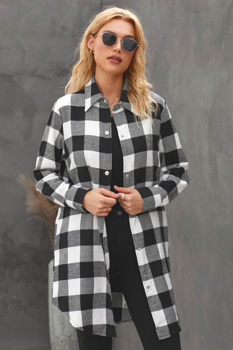 Lillian Womens Turn-down Black Collar Plaid Shirt Coat