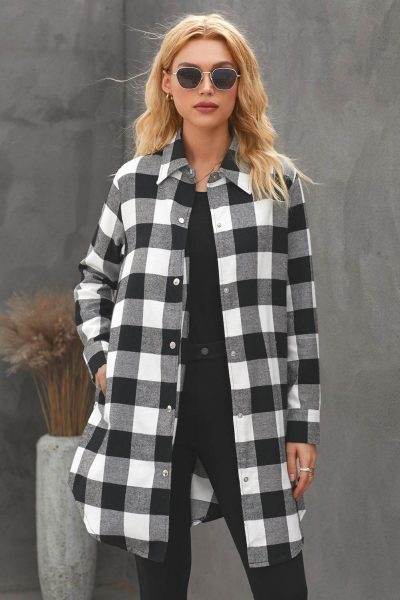 Lillian Womens Turn-down Black Collar Plaid Shirt Coat