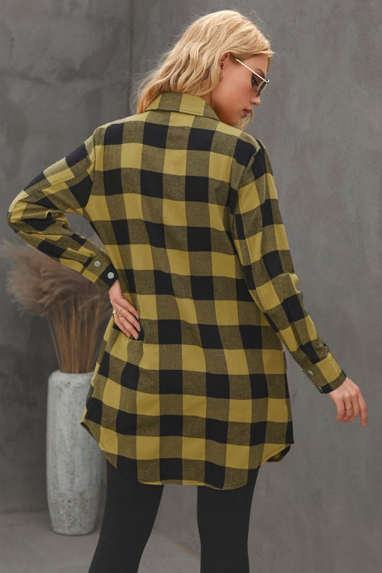 Lillian Women's Turn-down Yellow Collar Plaid Shirt Coat