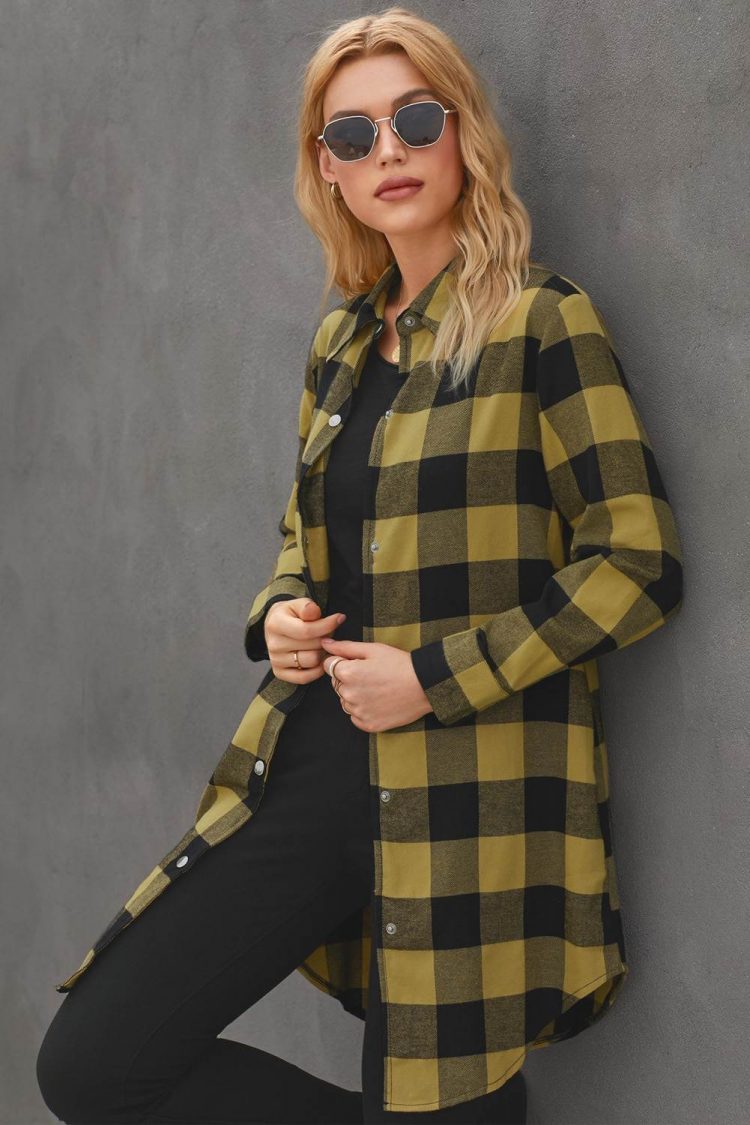 Lillian Women's Turn-down Yellow Collar Plaid Shirt Coat