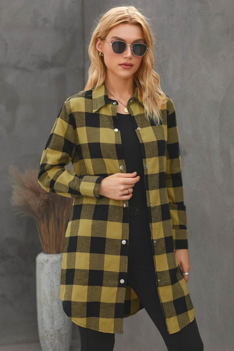 Lillian Women's Turn-down Yellow Collar Plaid Shirt Coat