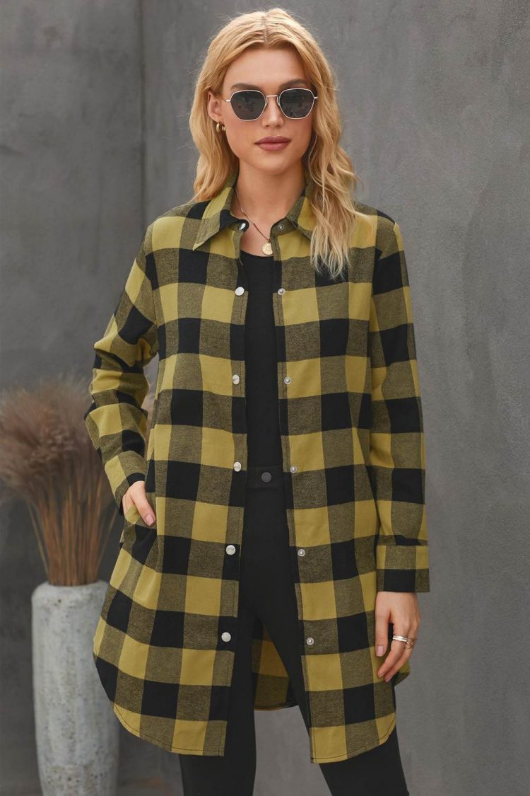 Lillian Women's Turn-down Yellow Collar Plaid Shirt Coat