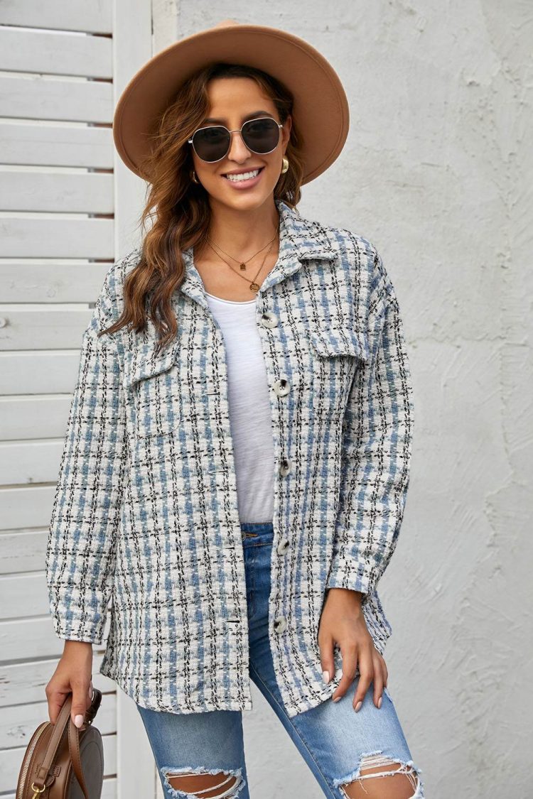 Linda Women Blue Khaki Plaid Print Button Knitted Coat with Pocket