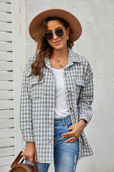 Linda Women Blue Khaki Plaid Print Button Knitted Coat with Pocket