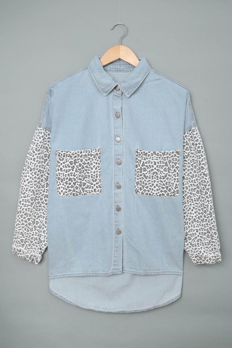 Linnea Women Contrast Leopard Denim Jacket Sky Blue