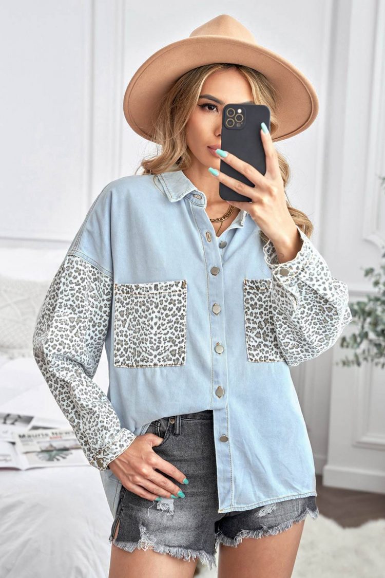 Linnea Women Contrast Leopard Denim Jacket Sky Blue