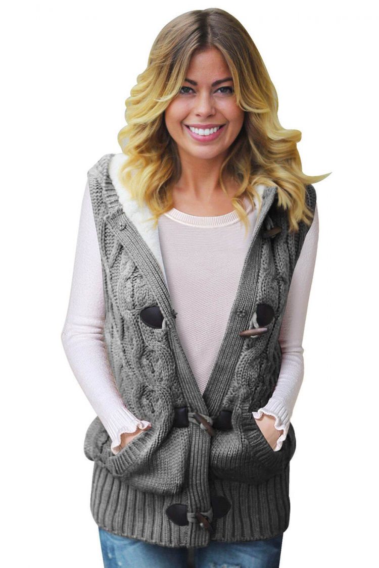 Linnea Womens Cable Knit Hooded Gray Sweater Vest