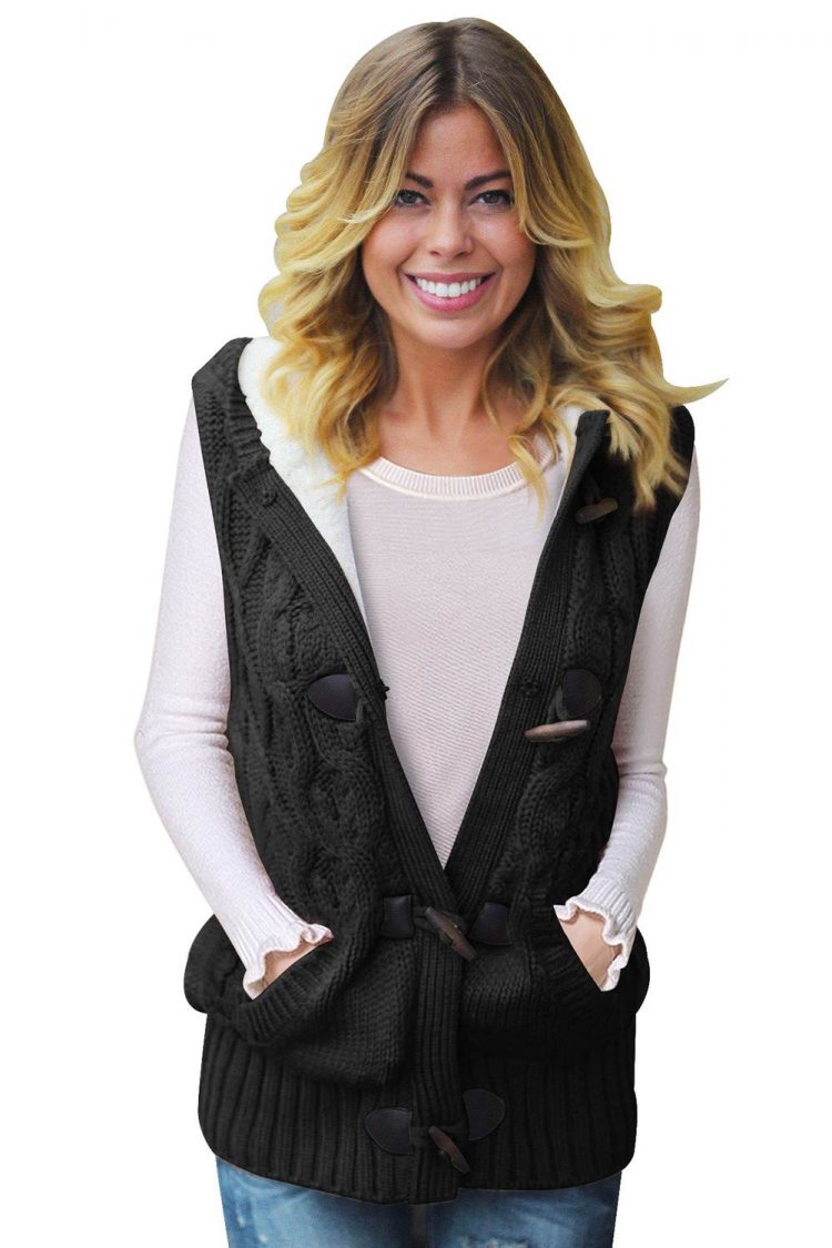 Linnea Women's Cable Knit Hooded Sweater Vest Black