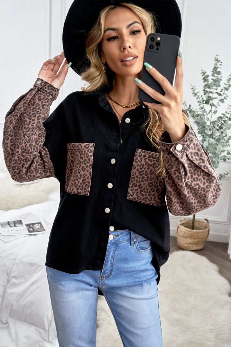 Linnea Womens Contrast Leopard Denim Jacket Black