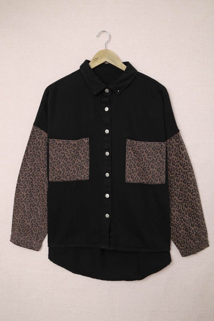 Linnea Womens Contrast Leopard Denim Jacket Black