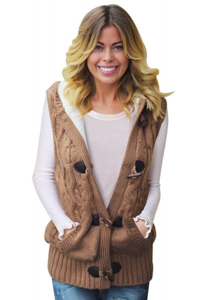 Linnea Womens Khaki Cable Knit Hooded Sweater Vest