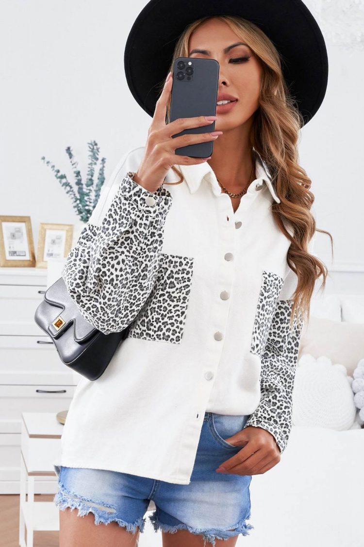 Linnea Women's White Contrast Leopard Denim Jacket