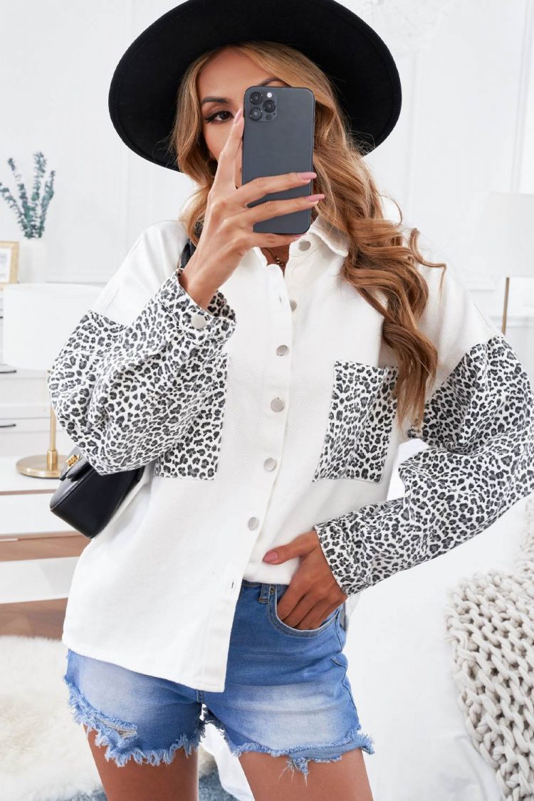 Linnea Women's White Contrast Leopard Denim Jacket