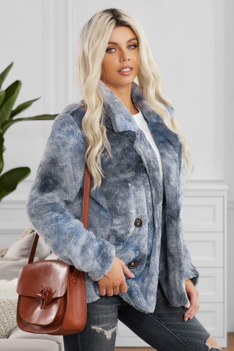 Maeve Women Tie Dye Blue Lapel Collar Open Front Fleece Coat