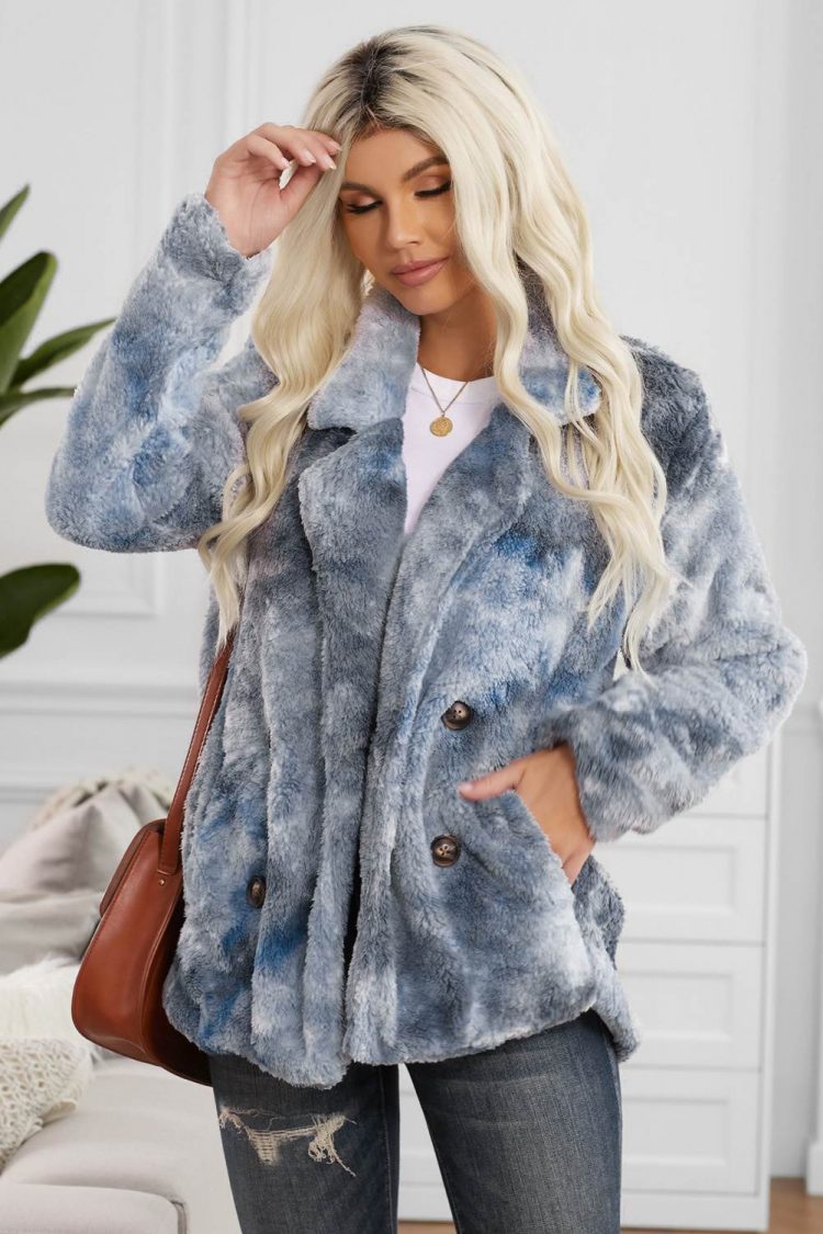 Maeve Women Tie Dye Blue Lapel Collar Open Front Fleece Coat