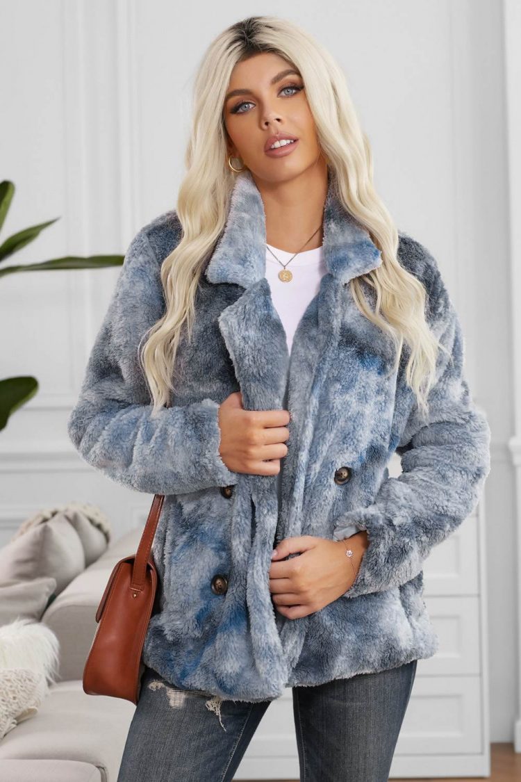 Maeve Women Tie Dye Blue Lapel Collar Open Front Fleece Coat